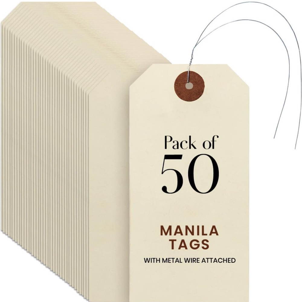 Blank Manila tags with pre-attached wire hangers